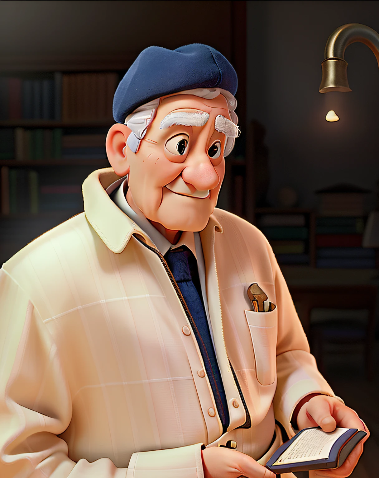 A wise old man standing in front, illuminated by the light of a lamp, against the backdrop of a library