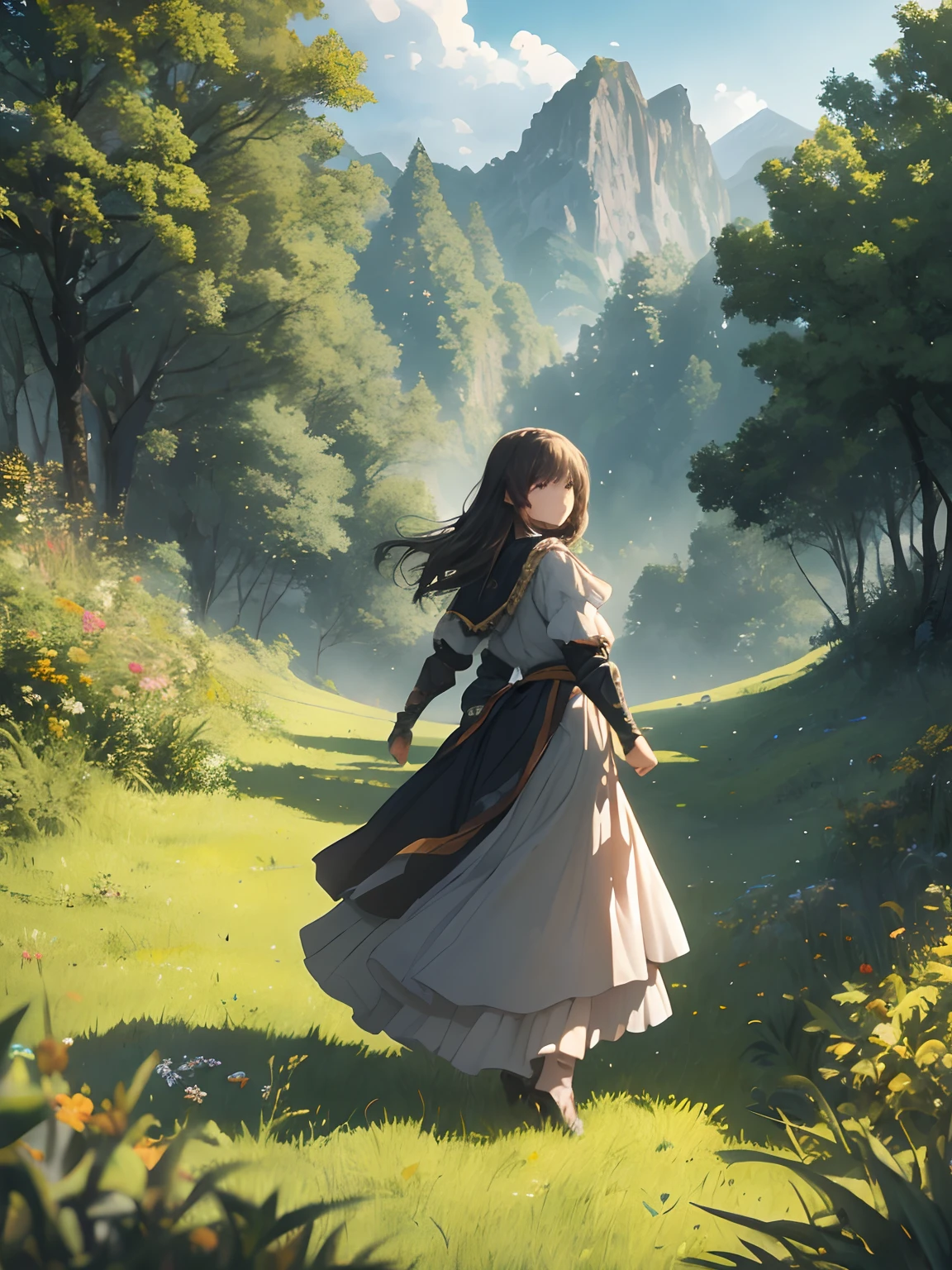 A woman in a long dress walking through a lush green forest - SeaArt AI