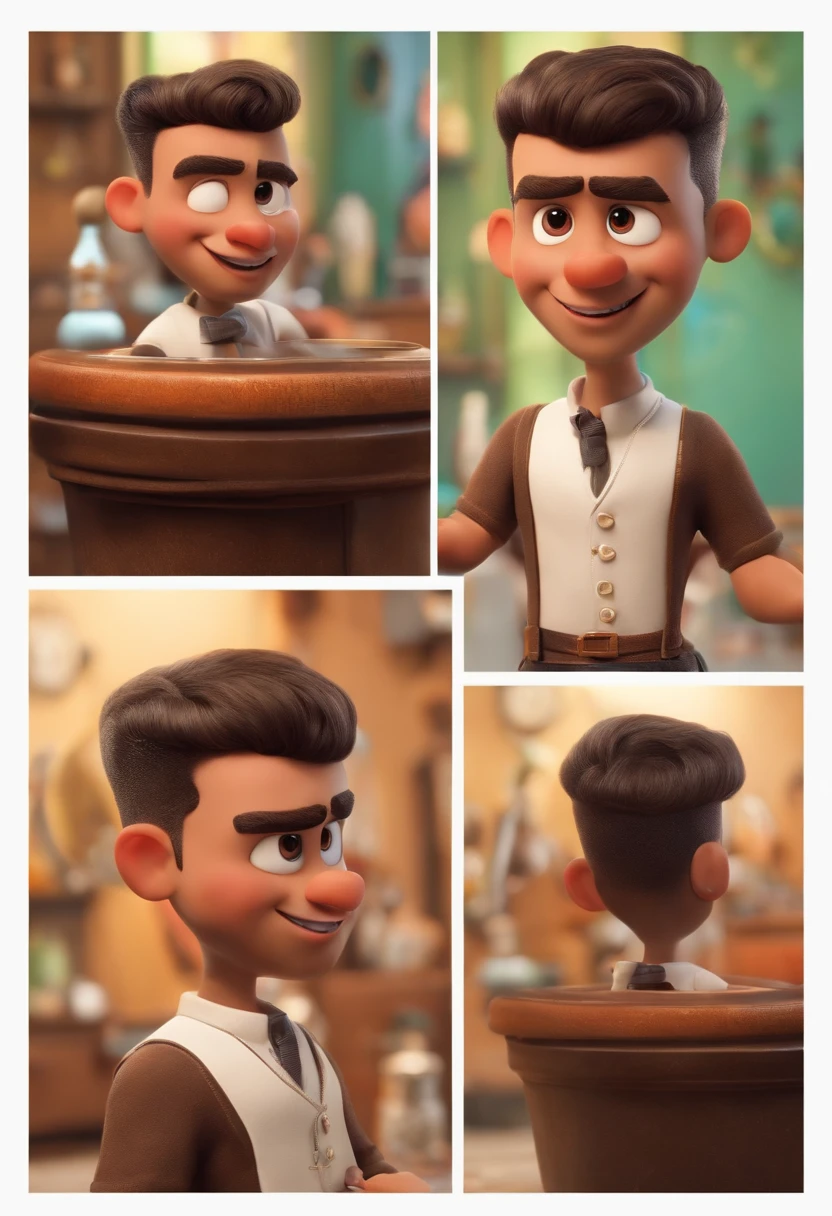 A Dream Barber Inspired by Pixar Animation, de perto. The character takes center stage with captivating facial expressions, oferecendo um toque de irrealidade, Cabelo curto e gordinho gradiente