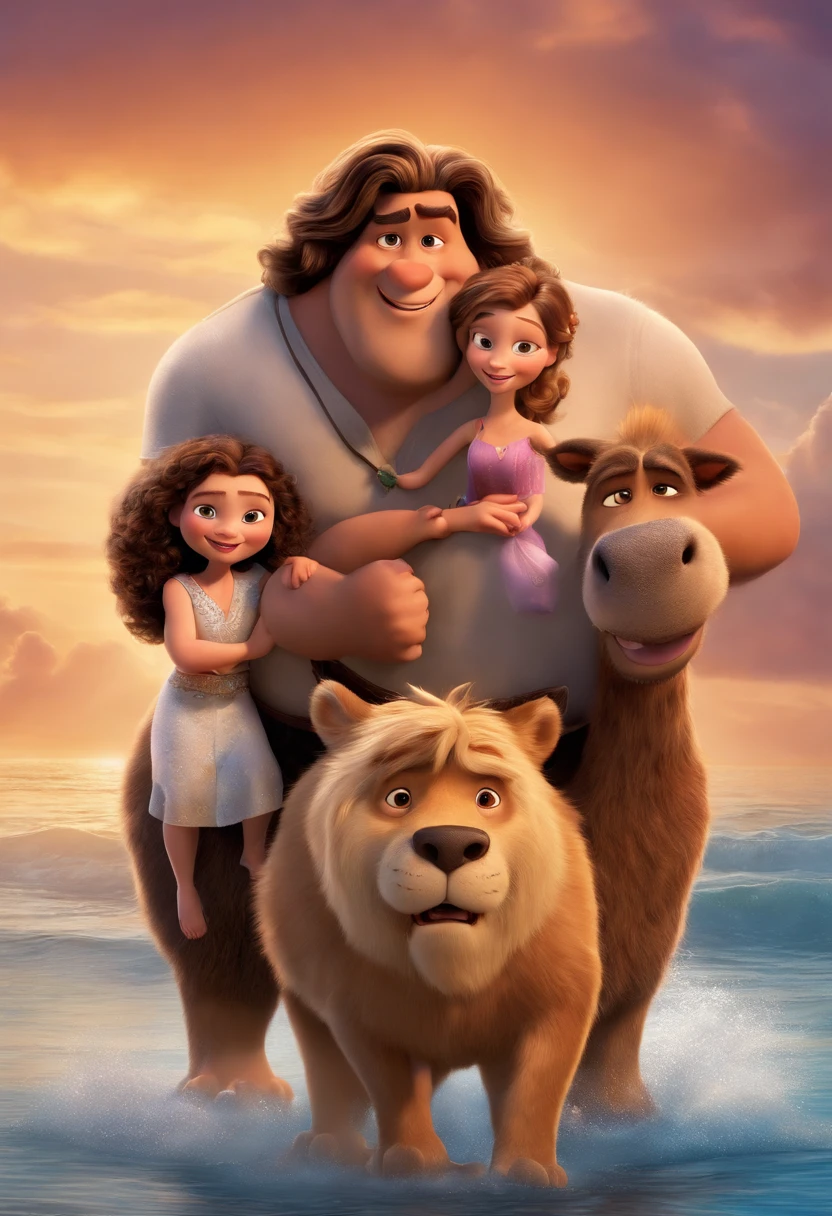 a Disney Pixar movie poster showing a white-skinned family. The father is the tallest, Tem barba curta, loiro, cabelos curtos e espinhosos. The mother has brown eyes and hair, shoulder-length and is slightly overweight. A tem 4 anos e cabelos castanhos, roupa rosa e rabos de cavalo. The background is a beach garden. 3D-rendering