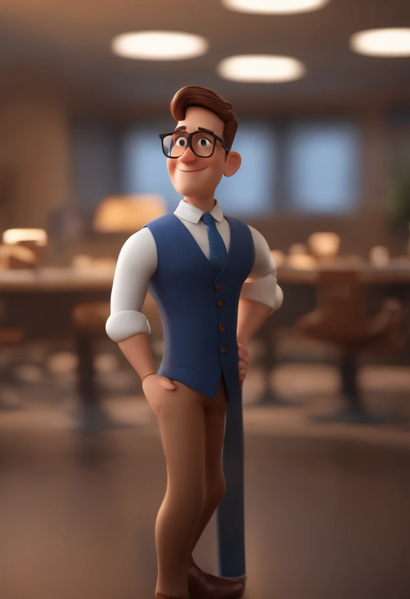Cartoon character of a man wearing black glasses and a blue shirt, um personagem animado, Caractere estilizado, animation style rendering, 3D estilizado, Arnold Maya render, 3 d render stylized, toon render keyshot, Personagem 3D, Personagem 3D, 3d rendering stylized, 3 d character render, personagem de desenho animado, Personagem de close up, Pose de personagem, (Estilo Pixar) (master part:1.2) (Bokeh) (best quality) (pele detalhada) (textura detalhada) (8k) (argila) (Cinematic lighting) (foco nítido,Senta e vaza a parte superior do corpo