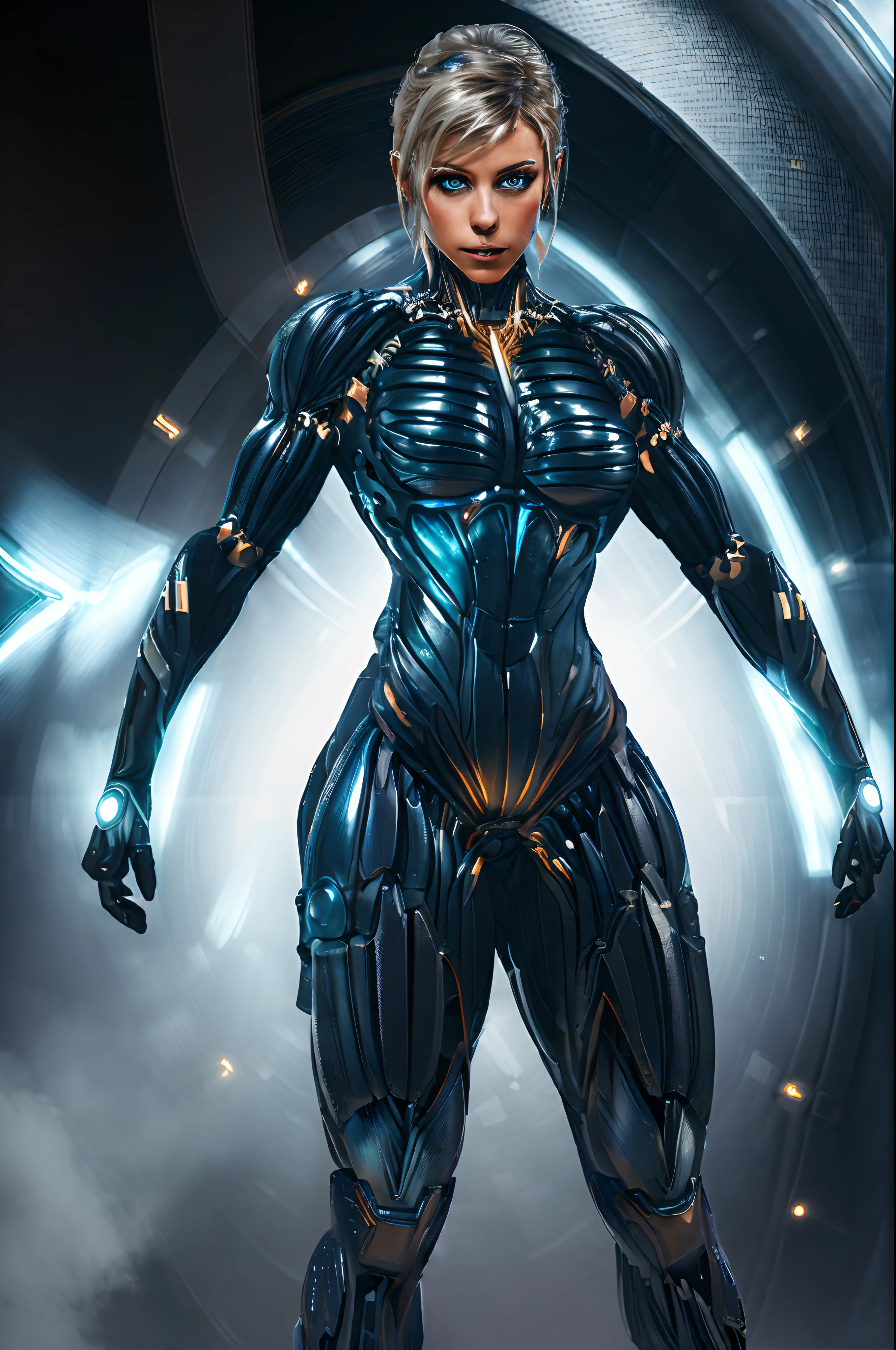 (best quality,4k,8k,highres,masterpiece:1.2),ultra-detailed,(realistic,photorealistic,photo-realistic:1.37),A girl in a nanosuit with short blonde hair. She has piercing blue eyes and a confident expression on her face. Her nanosuit is sleek and futuristic, with a metallic texture that reflects the light. The suit fits her perfectly, accentuating her slender figure and strong physique. The nanosuit is equipped with advanced technology, including glowing LED lights and intricate patterns. The girl is standing in a dynamic pose, ready for action. She is surrounded by a high-tech environment, with holographic displays and futuristic architecture. The color palette is dominated by cool tones, with shades of blue and silver, giving the scene a futuristic and high-tech feel. The lighting is dramatic, with strong contrasting shadows and highlights, creating a sense of depth and intensity. The overall atmosphere is mysterious and captivating, evoking a sense of adventure and exploration.