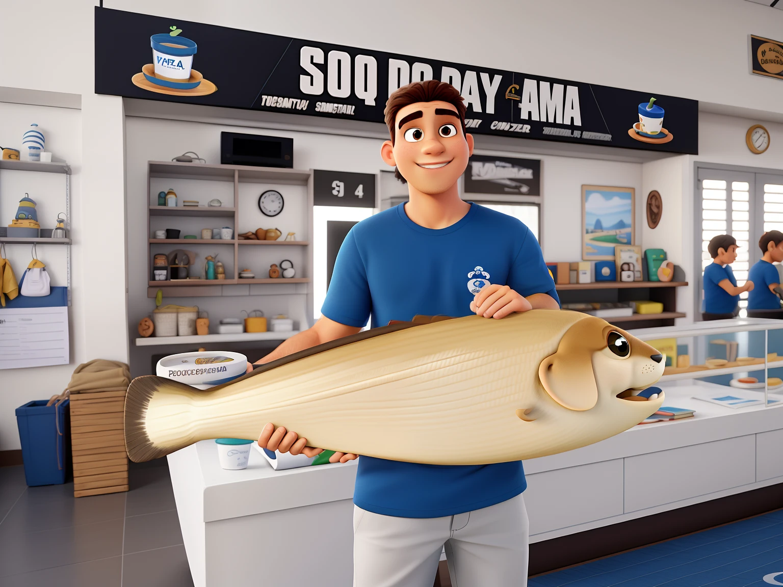 Poster no estilo Disney pixar, alta qualidade, melhor qualidade,anco, homem tirando uma foto de si mesmo no espelho, foto fit, em uma academia, malhar, imagem de perfil, cerca de 3 5 anos, em forma, de cor parda e olhos castanhos escuros, no fundo da imagem escrito: box do santista