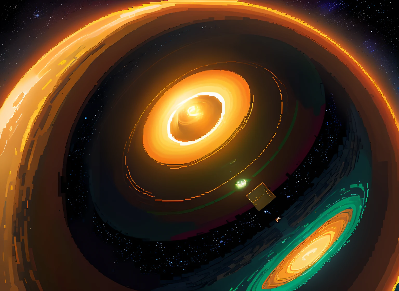 galaxy, pixel style picture of a one green planet and one dark-orange planet, detailed pixel artwork, pixel art", space art, planets colliding, planets of a ring of Saturn # pixelart, #pixelart, detailed pixel art, beautiful detailed pixel art,