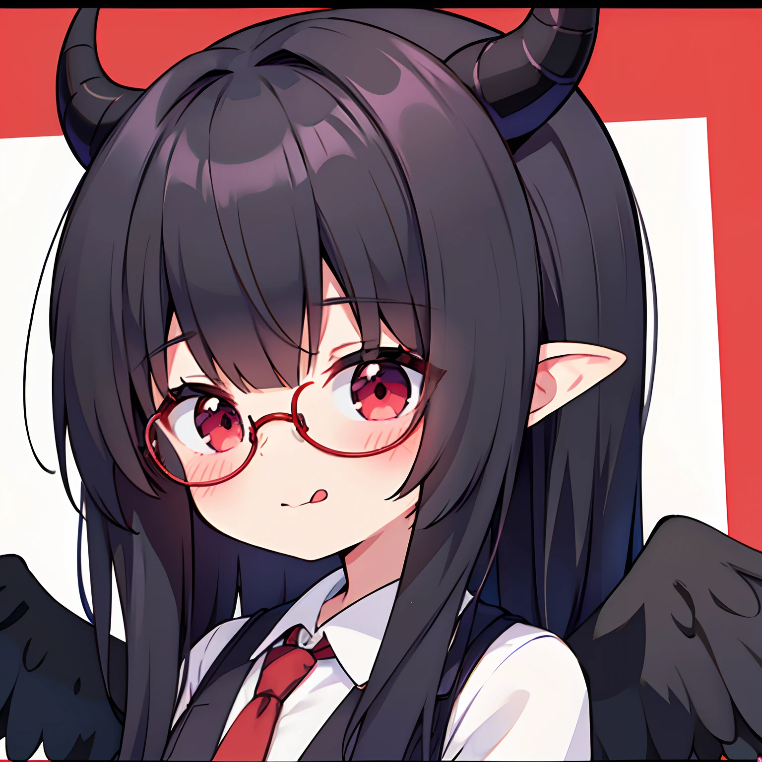 "anime girl, 1 person, black hair, shoulder-length hair, red eyes, glasses, white horns, wearing women's shirt, tie, school clothing,licking lips, small black wings on back,solo,front view, (full HD 4K+ image)"