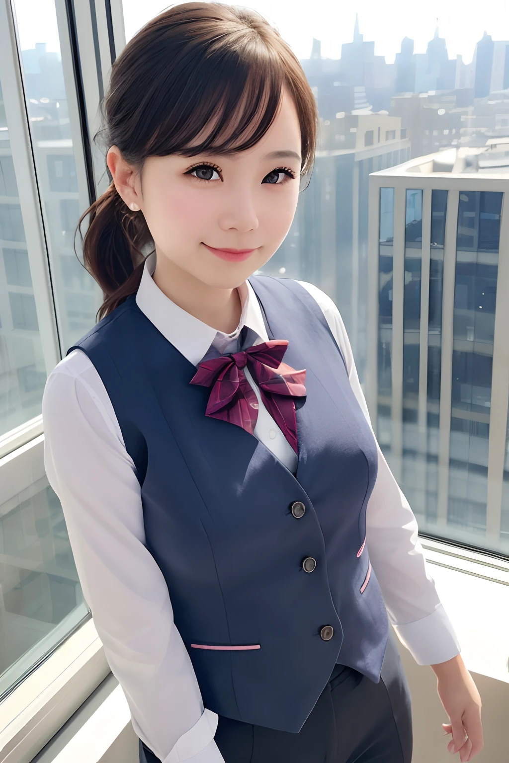 1girl, matured female, vest, bow, photo, realistic, best quality, hires, detailed face, office, buildings from window, detailed background, diffused sunlight, depth of field, bokeh
