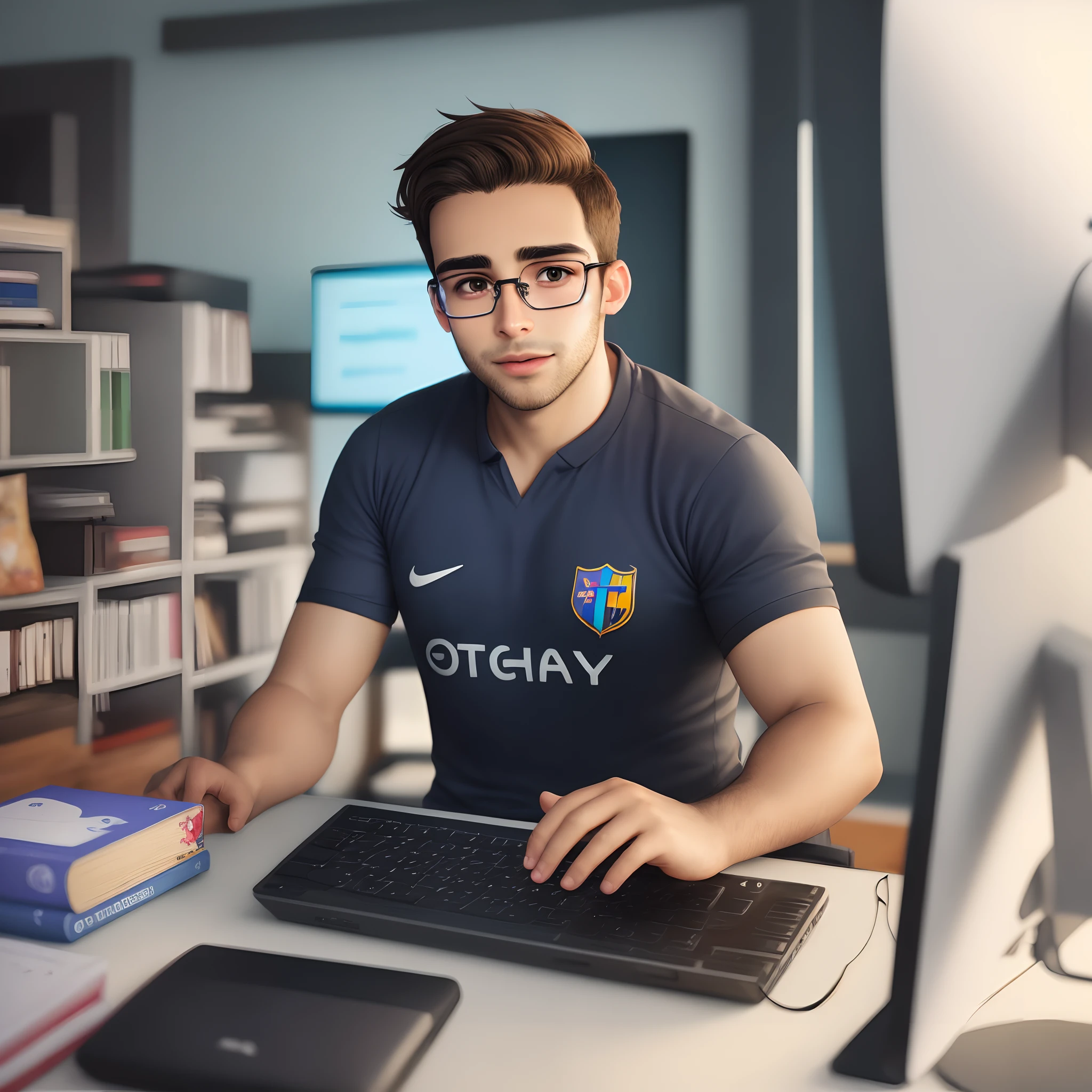 Man de 27 anos,  pele clara, eyeglass,  alto, magro, near the computer