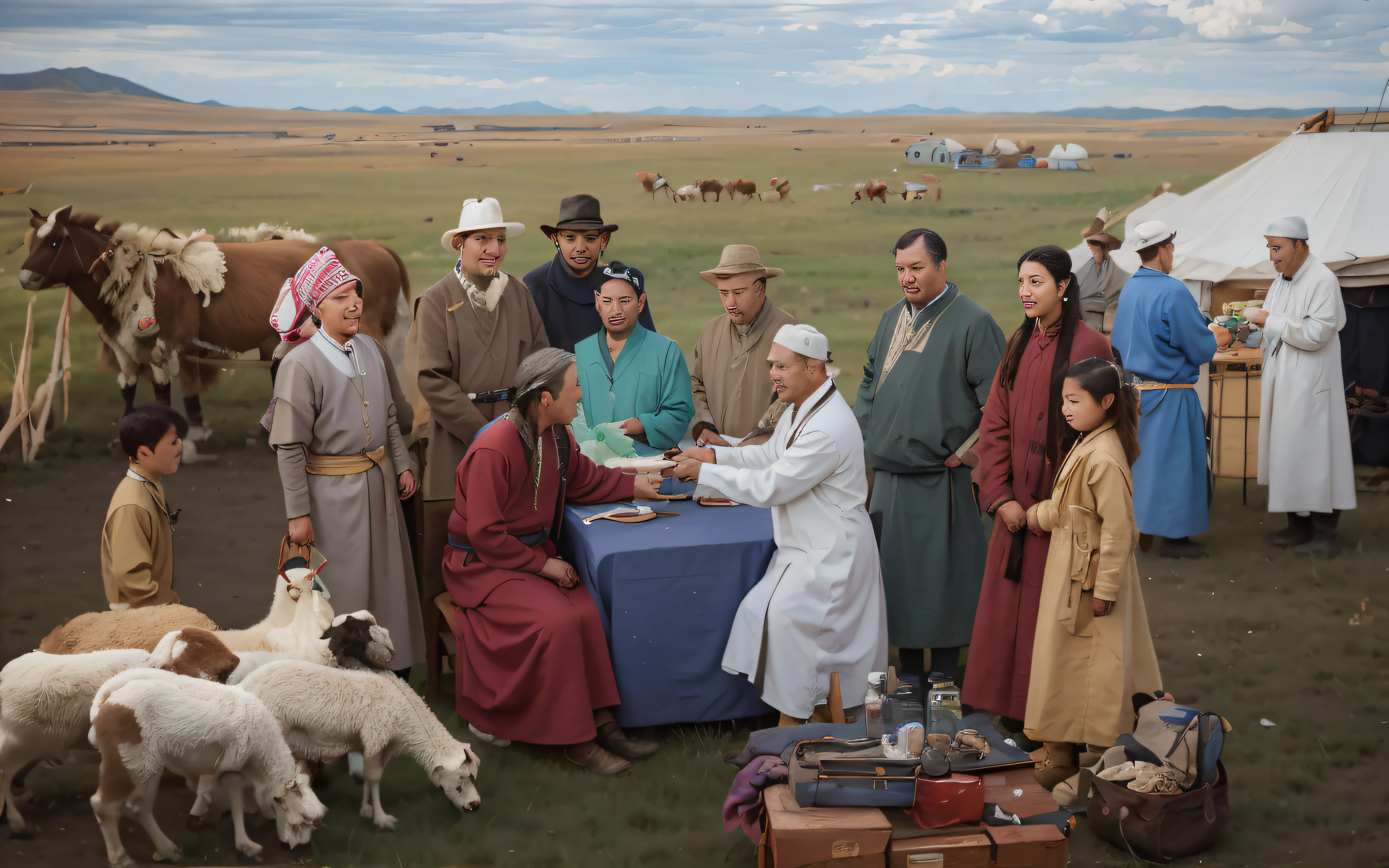 There were a lot of people sitting around a table around the flock, kent monkman, Mongolia, ancient mongolian elon musk, sci - fi mongolian village, sergey zabelin, maxim sukharev, alexey egorov, In the steppe, author:Alexander Kucharisky, author:Cheng Zhengkui, sergey krasovskiy, by Ni Yuanlu,Clear photos