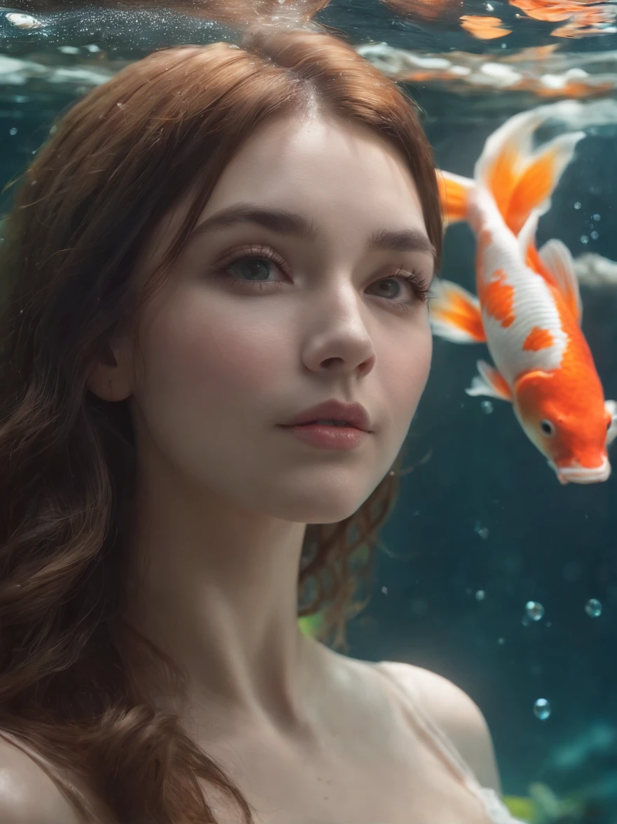 Underwater,1girl,flowing hair,fascinating eyes,gazing at the camera,hair flowing underwater,full body shot,1giant koi fish,bubbles,sunlight refracting through water,dingdall effect,8K,ultra-detailed,best quality,masterpiece:1.2,photorealistic,skin texture