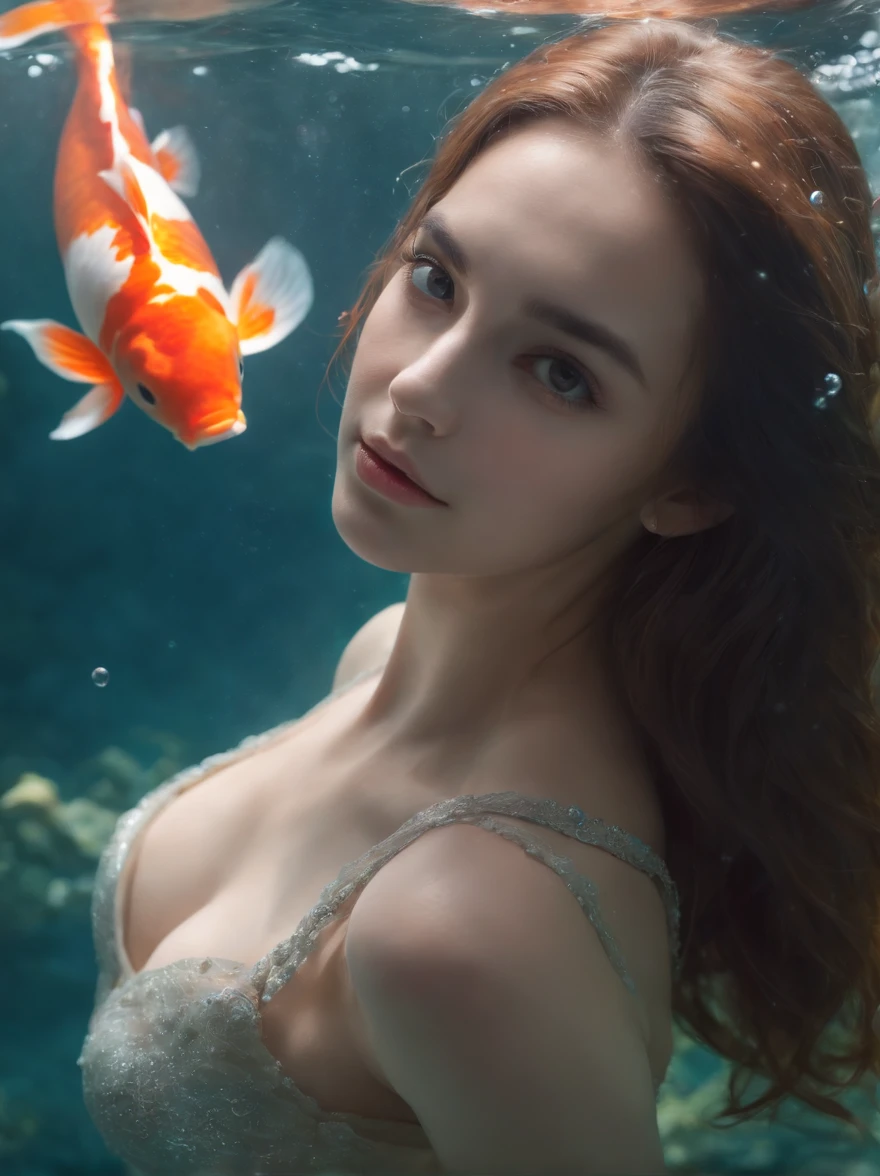 Underwater,1girl,flowing hair,fascinating eyes,gazing at the camera,hair flowing underwater,full body shot,1giant koi fish,bubbles,sunlight refracting through water,dingdall effect,8K,ultra-detailed,best quality,masterpiece:1.2,photorealistic,skin texture