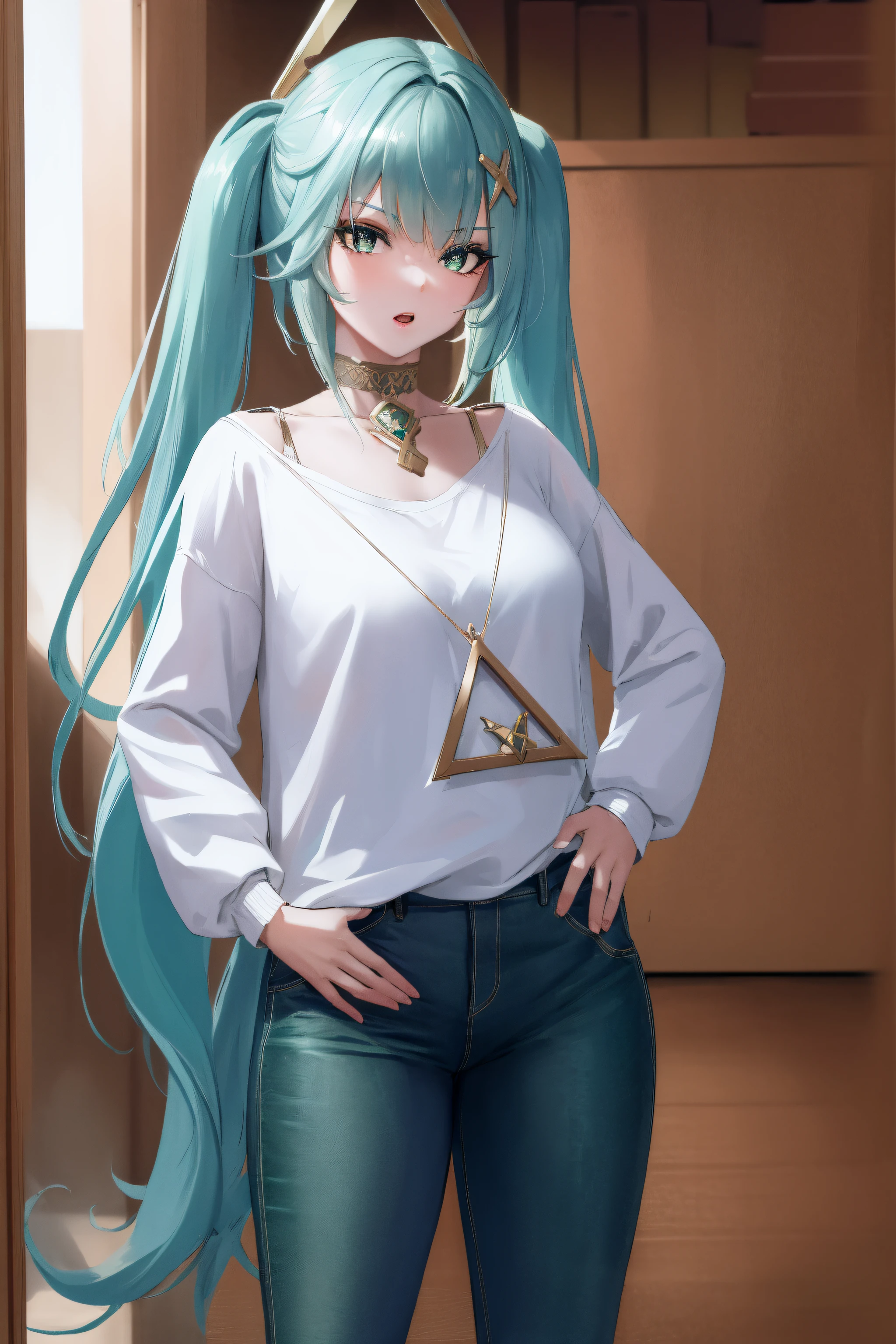 faruzan, faruzan, aqua hair, blunt bangs, cowlick, (green eyes:1.5), hair between eyes, hair ornament, long hair, (symbol-shaped pupils:1.5), (triangle-shaped pupils:1.5), twintails, x hair ornament, open mouth,
BREAK pants, jeans, sweater, collarbone, long sleeves,
BREAK looking at viewer, full body, (cowboy shot:1.5), upper body,hand on hip, angry, pov 
BREAK indoors, library,
BREAK (masterpiece:1.2), best quality, high resolution, unity 8k wallpaper, (illustration:0.8), (beautiful detailed eyes:1.6), extremely detailed face, perfect lighting, extremely detailed CG, (perfect hands, perfect anatomy),