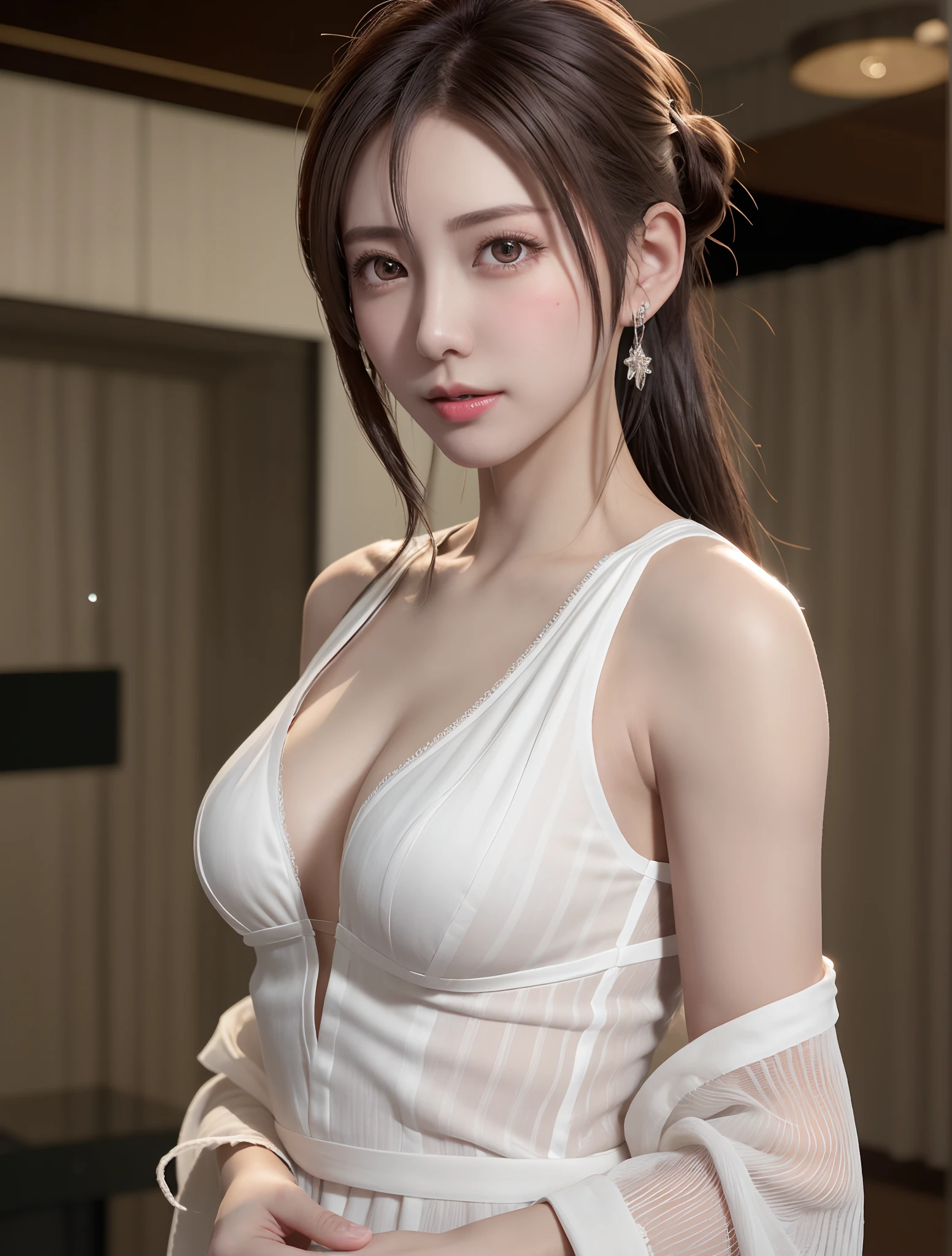 (Best Quality, masutepiece:1.2), 超A high resolution, Realistic, Front lighting, intricate detailes, Exquisite details and textures, 1girl in, Solo ,(年轻), Face Highlight, Upper body, Detailed face, Tear mole, White skin, Silver hair, Ponytail, Braid hair, Looking at Viewer, Big eyes, silk robe, (Hollow pattern, white, Silk), earrings, Small breasts, Slim body, luxury room, Professional Lighting, Photon mapping, Radio City, Physically-based rendering,