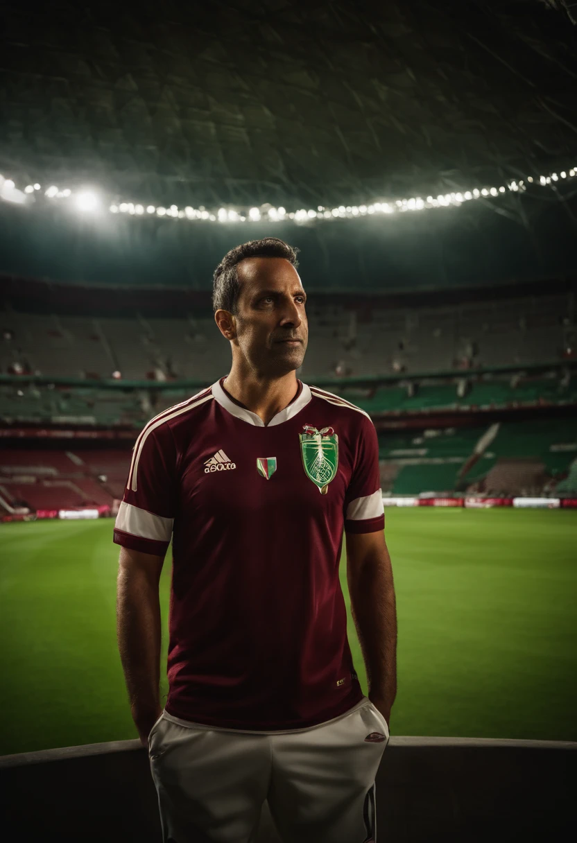 Homem gordo com 45 anos, wearing maroon football outfit from Fluminense Football Club, Looking ahead to the Copa Libertadores, retrato, POV hiper detalhado, cores ricas, hyper realistic, textura realista, dramatic lighting, Standing in a Maracanã soccer stadium, detailed symmetric realistic face, textura natural extremamente detalhada, extremamente detalhado, Amazing, detalhes finos, foto realista, Foto RAW, TanvirTamim, alta qualidade, Altas, foco nítido, extremamente detalhado, Cinematic lighting, Qualidade de imagem superior, alta resolução, Green and gren fireworks, Play throughout the stadium, bola, Copa Libertadores de América (((Veja o corpo inteiro))), Borda do realismo, textura realista, dramatic lighting, HDR