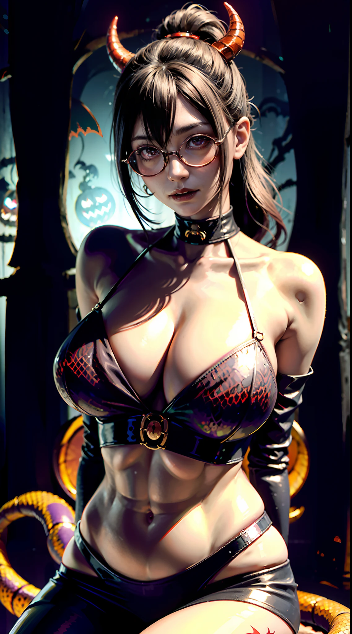 Wearing glasses、there is a woman in a corset posing for a picture, goddess of Japan, seductive tifa lockhart portrait, an oppai cyberpunk, with glasses, biomechanical oppai, Tifa Lockhart, anaglyph effect ayami kojima, sakimichan hdri, gorgeous chinese model, 8k artgerm bokeh, cinematic bust shot, Hyper realistic anime、Photorealsitic、(High Detail Skins:1.2)、 (Intricate details, makeup, pureerosface_v1:0.5), (Detailed beautiful delicate face, Detailed beautiful delicate eyes, A perfectly proportioned face, High detailed skin, Detailed skin, best ratio four finger and one thumb, arms below breasts, Tattoo with a red glow under the stomach、Awesome awesome, wide hips, smooth midriff, skiny and thin, __Fashion__, __hair__:1.25)、Digital SLR、 absurderes、1 beautiful devil woman from hell, surreal female portraits by David Hockney and Alphonse Mucha, Portrait of a seductive woman、Fantasy Art, Chinese Doll、Chinese actress、Dungeon、The dragon、Devil's Palace、Devil's Torture Chamber、natta、Dark style 、In the Dark、(Detailed spooky backgrounds:2), magia、 女の子1人、Evil Nun、Dark Necromancer、Succubus、Devil's Daughter、Umi Shinonome、Bat Wings，(((Demon Horns)))、 ((((Huge glasses, Otaku Glasses, thick glasses, Round glasses)))),(((Colossal tits)))、(Devil's Tail)、(red eyes glowing:1.6)、red eyes make up very sharp and detailed, The eyes are very well made up, ((Red Eye:1.0)),intricate tattoos, demonic intricate tattoos, thigh tattoos, body tattoos, ​masterpiece、The most beautiful face、a baby face、Charming smile、plump beautiful red lips、Muscular seductive body、The enchanting body of the devil、devil style、Seductive Black Magic Costume、(((A shiny red snake is wrapped around her body)))、The long-haired、Braids、white  hair、Ponytail distortion、, Ponytail with a bow tied at the back of the hair, Beautiful expression、Body Up、Large breasts emphasis、Bust, Super tight breasts, Breast augmentation surgery, The breasts are very big and round and round,Toned waist、Wide buttocks、 lowkey, cowboy lens, (Black Ph