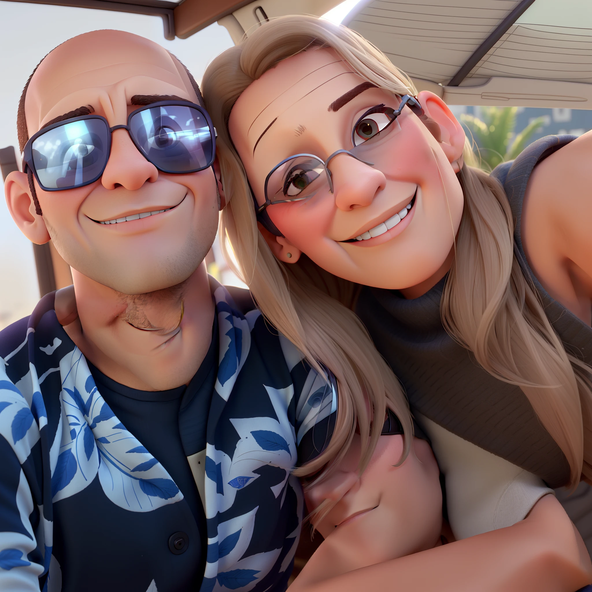 Casal ( homem careca , 35 years wearing sunglasses. Mulher loira 30 anos bonita, passando no Rio de janeiro ao fundo no estilo pixar.