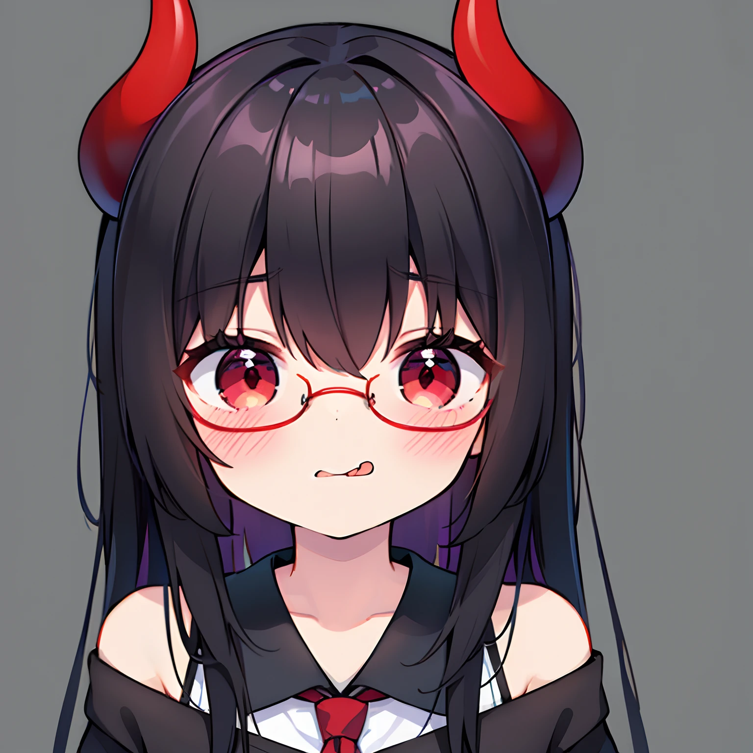 "anime girl, 1 person, black hair, shoulder-length hair, red eyes, glasses, white horns, wearing women's shirt, tie, school clothing,licking lips, small black wings on back,solo,front view, (full HD 4K+ image)"