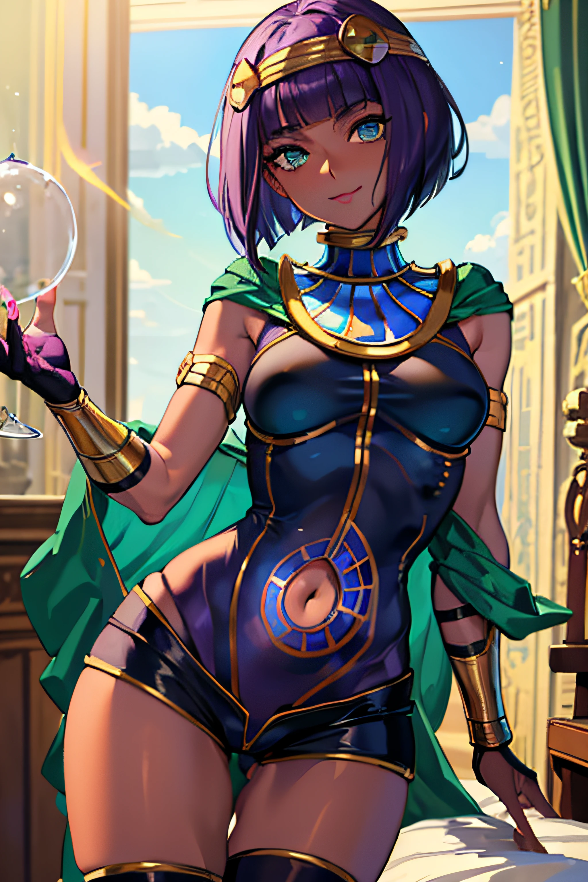 Masterpiece, best quality, absurdres, 1girl, standing,menat_classic, light smile, dark skin, Green eyes, egyptian, bob cut, bodysuit, shorts, thighhighs, circlet, navel cutout, purple shawl, bedroom,shiny skin,thighs,pussy line