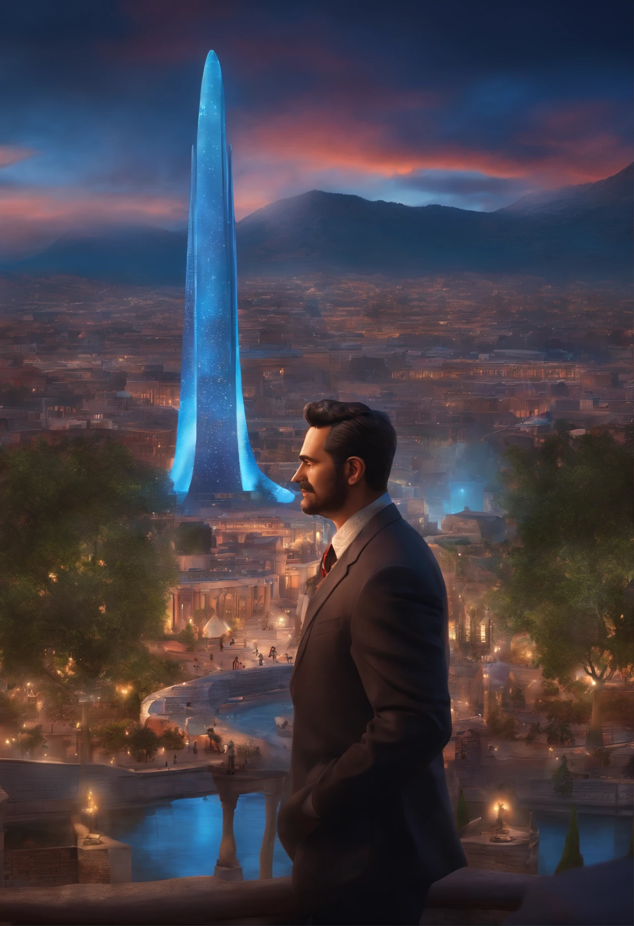 A city councilman looking at a dream project inspired by Pixar animation, de perto. The character takes center stage with captivating facial expressions, oferecendo um toque de irrealidade