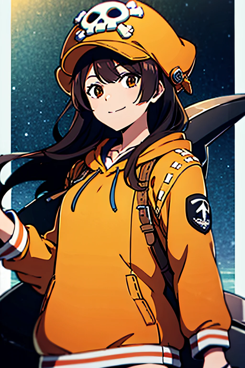 AAMAY,PIRATE HAT,SKULL AND CROSSBONES,LONG HAIR,BANGS,MEDIUM BREASTS,ORANGE HOODIE,HOODIE,JACKET,LONG SLEEVES,FINGERLESS GLOVES,BIKE SHORTS,ORANGE FOOTWEAR, 1girl, solo, facing viewer, looking at viewer, upper body, smile.