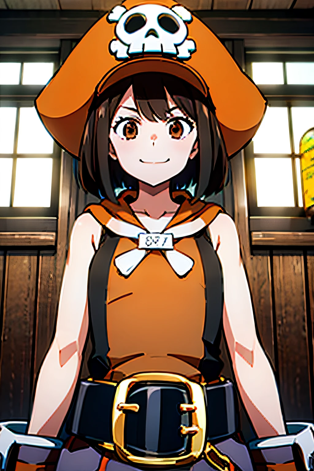 BBMAY,PIRATE HAT,SKULL AND CROSSBONES,BROWN EYES,LONG HAIR,SMALL BREASTS,(ORANGE SHIRT:1.2),SLEEVELESS,MIDRIFF,FINGERLESS GLOVES,PANTS,PANTS ROLLED UP,BELT,ANKLE BOOTS, 1girl, solo, facing viewer, looking at viewer, upper body, smile.