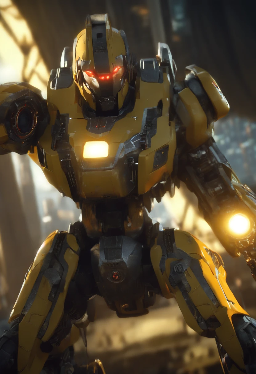 (master part:1.3), (best cinematic quality:1.2), (extremely detailed configuration:2), (macio+artistic lighting), (1st grade), cabelos azuis curtos, (olho+amarelo+vermelho:1.4), (olhos multicoloridos+heterocromia), usando roupas cyberpunk, Futuristic, technological, City scenery with (Robots to the Redor)0.4], giving dramatic scenery.