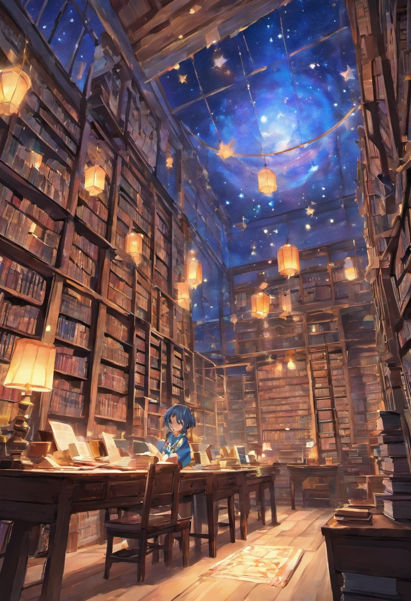 Large library　Books all over the wall　The ceiling is glazed　Moonlight enters　starrysky　Piles of books and lanterns on the desk　Hanging stars