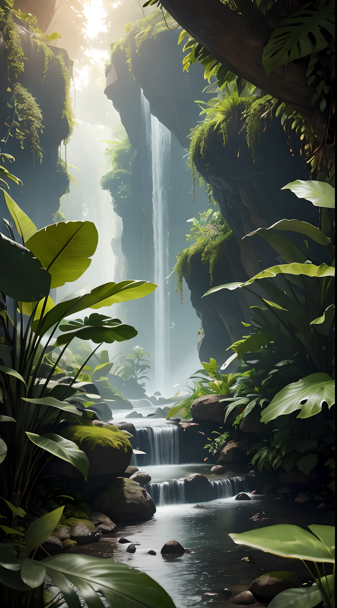 There is a waterfall in the middle of a jungle with lots of plants, paisagem da selva, Ambiente Art Nouveau Jungle, selva de fantasia, ambiente da selva, Selva bonita, the background is lush jungle, Meio Ambiente Arte, selva de fundo, 8k resolution digital painting, 8k resolution digital painting, arte conceitual altamente realista, motor irrealpintura digital, arte conceitual ambiental, selva profunda de outro mundo