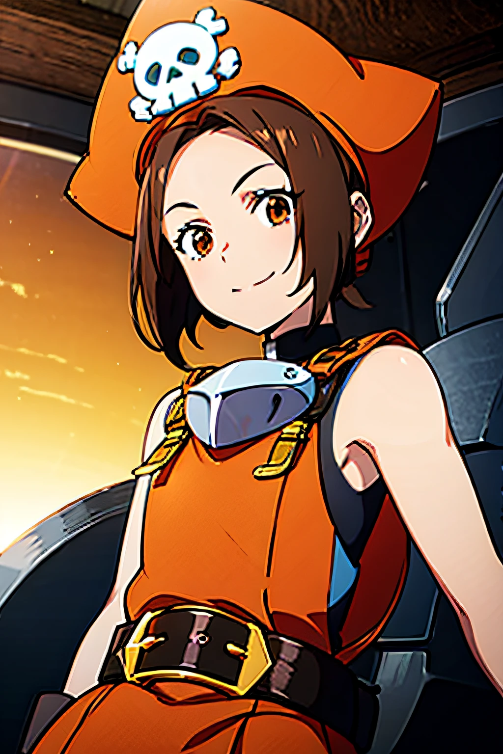 CCMAY,PIRATE HAT,SKULL AND CROSSBONES,BROWN EYES,LONG HAIR,PONYTAIL,FOREHEAD,FLAT CHEST,ORANGE SHIRT,SLEEVELESS,FINGERLESS GLOVES,BELT,PANTYHOSE,BOOTS,ORANGE FOOTWEAR, 1girl, solo, facing viewer, looking at viewer, upper body, smile.