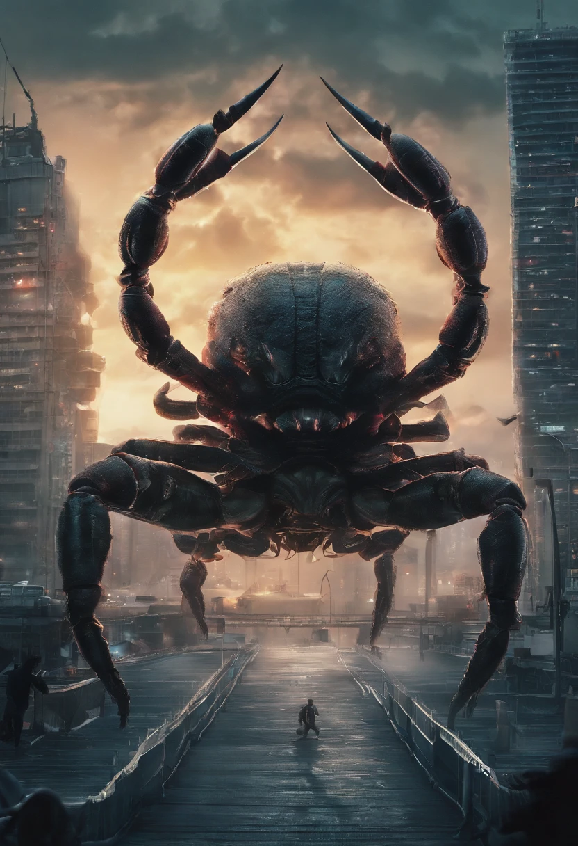 （A giant crab in the mist stares from the air at a man who asks for help），a creature 5 meters tall， giant crab, , The shell of the giant crab is dark green, flat, Wide oval, Shiny, Very hard and smooth. The crust has a thick texture，It is resistant to all kinds of environmental stresses. The head is more developed. There is a pair of large, Protruding compound eyes，The texture is like crystal. The antenna is long and flexible. The length is about 1/3 The width of the crab's body, On the top of the head, There is a pair of small pliers, elden ring monster, huge creature,giant crab, giant ethereal creature,The texture is clear， Helpless people，Background to prayer for cancer salvation：nebulous sky，rough sea，Greatwave，Recife，salama， 真实感，Epic，ultraclear，afterimage, Dutch angle, From below, Sony FE GM, Chiaroscuro, Blurry, hyper HD, Masterpiece, Textured skin, Super detail, High details, High quality, Award-Awarded, Best quality, A high resolution, 8K，Epic，sci-fy，Futuristic fantasy，Cartoony，