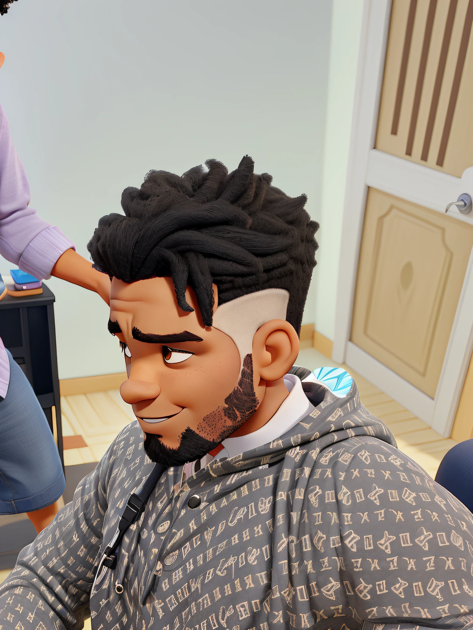 Um homem negro com cabelos cacheados tipo 4c, estilo disney pixar, alta qualidade, melhor qualidade
