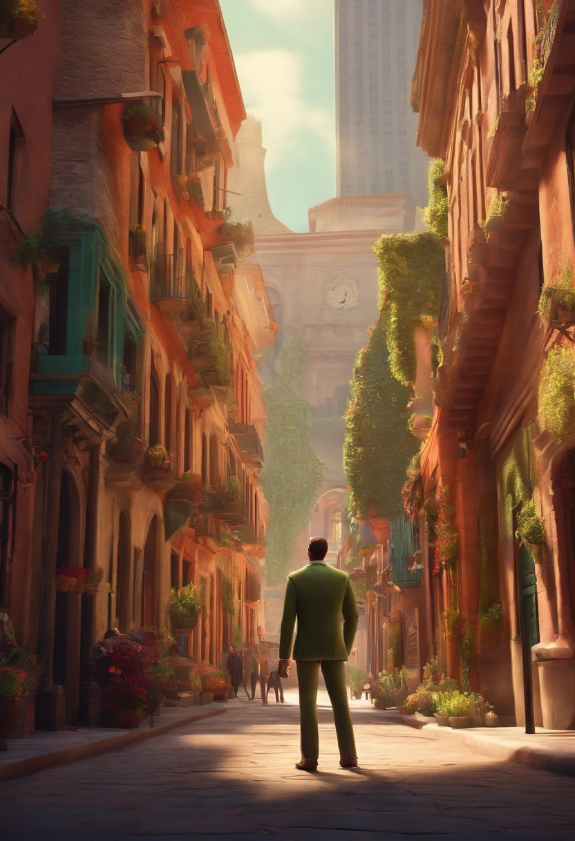 A city councilman looking at a dream project inspired by Pixar animation, de perto. The character takes center stage with captivating facial expressions, oferecendo um toque de irrealidade