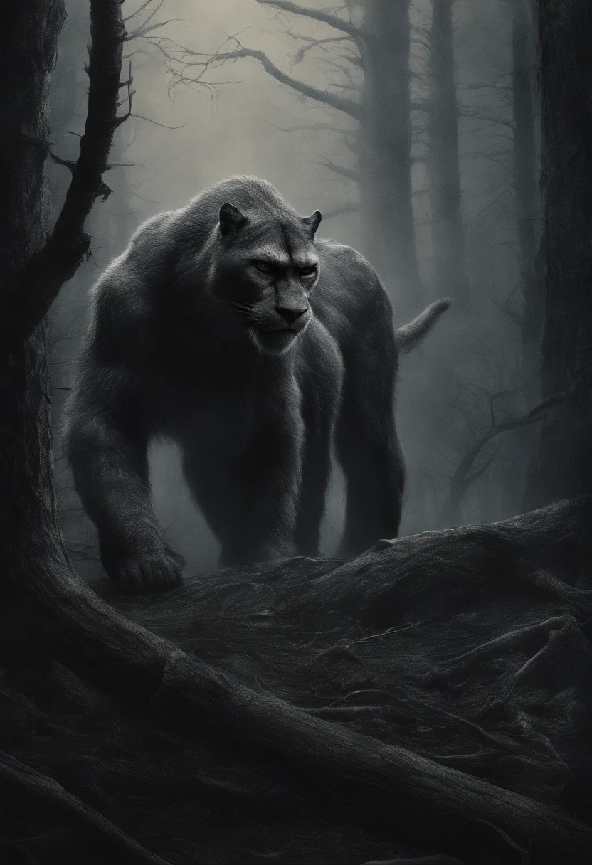 In the spirit of Planet of Apes, a masterpiece, hyper-detailed, image of large mountain lion hunting a young (20 years old) Nude Woman modeled on Maisie Williams, Nude, with long unkept hair, physically fit body, perfect face with perfect eyes, running in terror through a lush temperate forest during the early morning hour, soaking wet