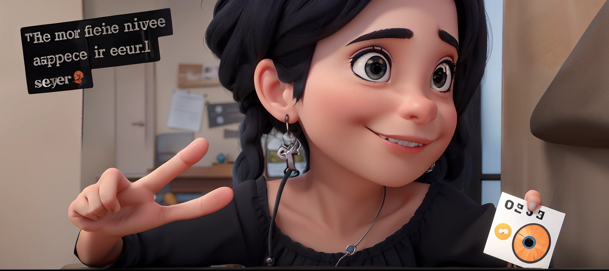 estilo Pixar, in a black blouse with silver drawstring making peace sign with one hand, com um brinco azul, Looking directly at the camera