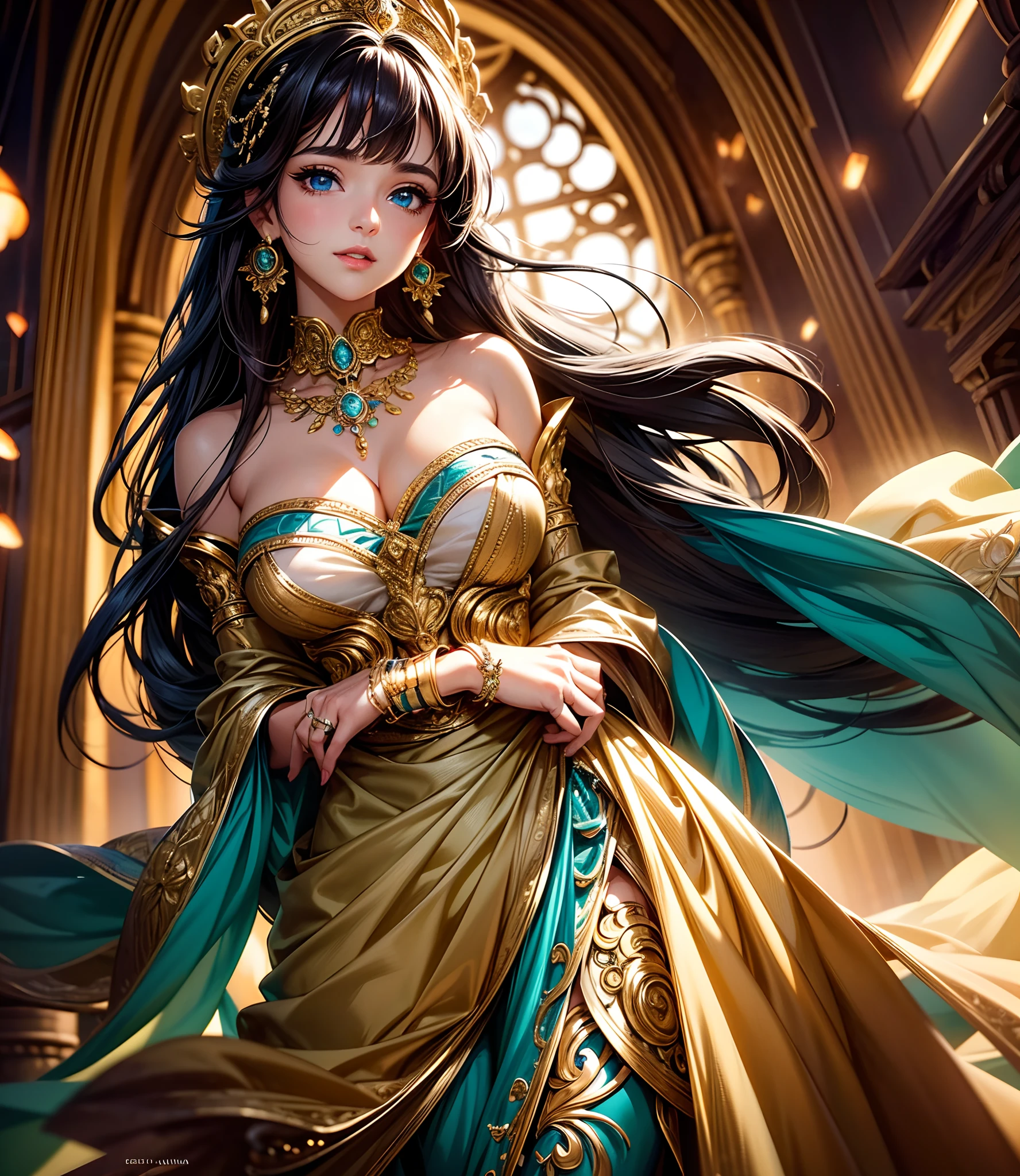 (best quality,8k,ultra-detailed),(realistic:1.37) anime girl with vibrant color palette and delicate features, adorned with a variety of colorful and ornate jewelry. The girl has captivating, large expressive eyes with long eyelashes. Her lips are beautifully detailed, giving her a charming smile. She has silky, flowing hair that is styled in an elegant and intricate way, adding to her overall allure. The girl is wearing a stunning and elaborate outfit that reflects her vibrant personality. The attire is filled with intricate patterns and bright colors, making her stand out in any scene. The jewelry she is wearing includes sparkling gemstones, delicate earrings, and an ornate necklace, all of which complement her beauty. The image showcases the girl in a dynamic pose, radiating confidence and elegance. The background is filled with a dreamy and fantastical setting, enhancing the overall atmosphere. The lighting in the scene is soft and ethereal, casting a gentle glow on the girl and emphasizing her features. The artwork is of the highest quality, with impeccable attention to detail, making it suitable for large-scale prints and exhibitions. The colors in the image are vibrant and vivid, bringing the artwork to life.