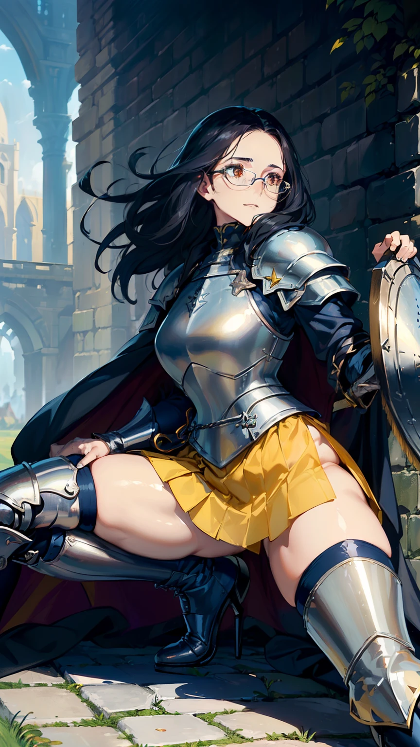 (((((middle age woman))))), masterpiece, ultra detailed, 8k portrait, RAW photo, portrait photography, highly detailed face, ((Fantasy)), 1 woman, (((female knight))), (((spread legs dynamic pose))), 33 years old, (((((tall))))), (((small eyes))), glasses, (((straight black long hair))), ((forehead)), (((white skin color))), (((navy blue armor and see-through extra short skirt))), (((yellow long cloak))) fluttering in the wind, (((high cut iron shoes))), (((equip a long sword and large shield))), Midday Sun, hyper realistic, Body model, Small breasts, Beautiful breasts, (big butt), (thick thighs), Long legs, in the medieval adventurer's guild, Ambient lighting, Shadow details , Camera focus on face, strong breeze, Light fog