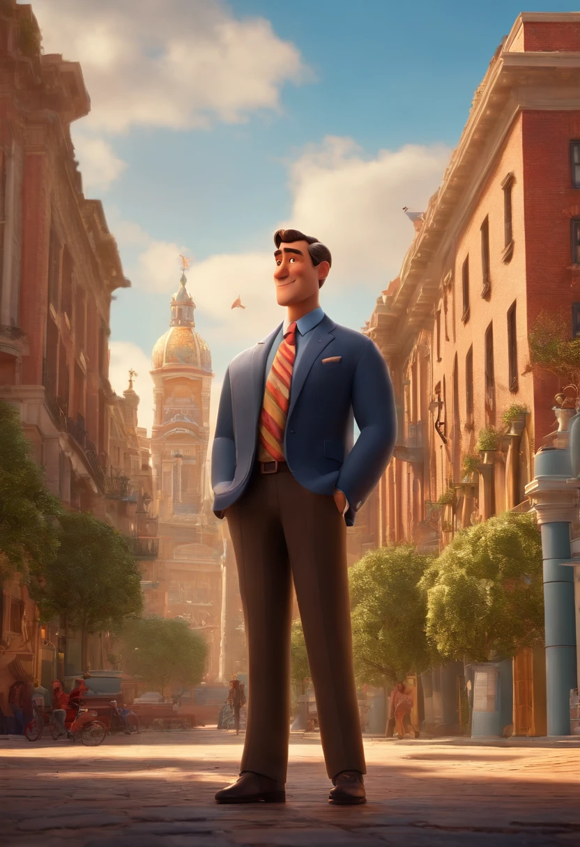 A city councilman looking at a dream project inspired by Pixar animation, de perto. The character takes center stage with captivating facial expressions, oferecendo um toque de irrealidade