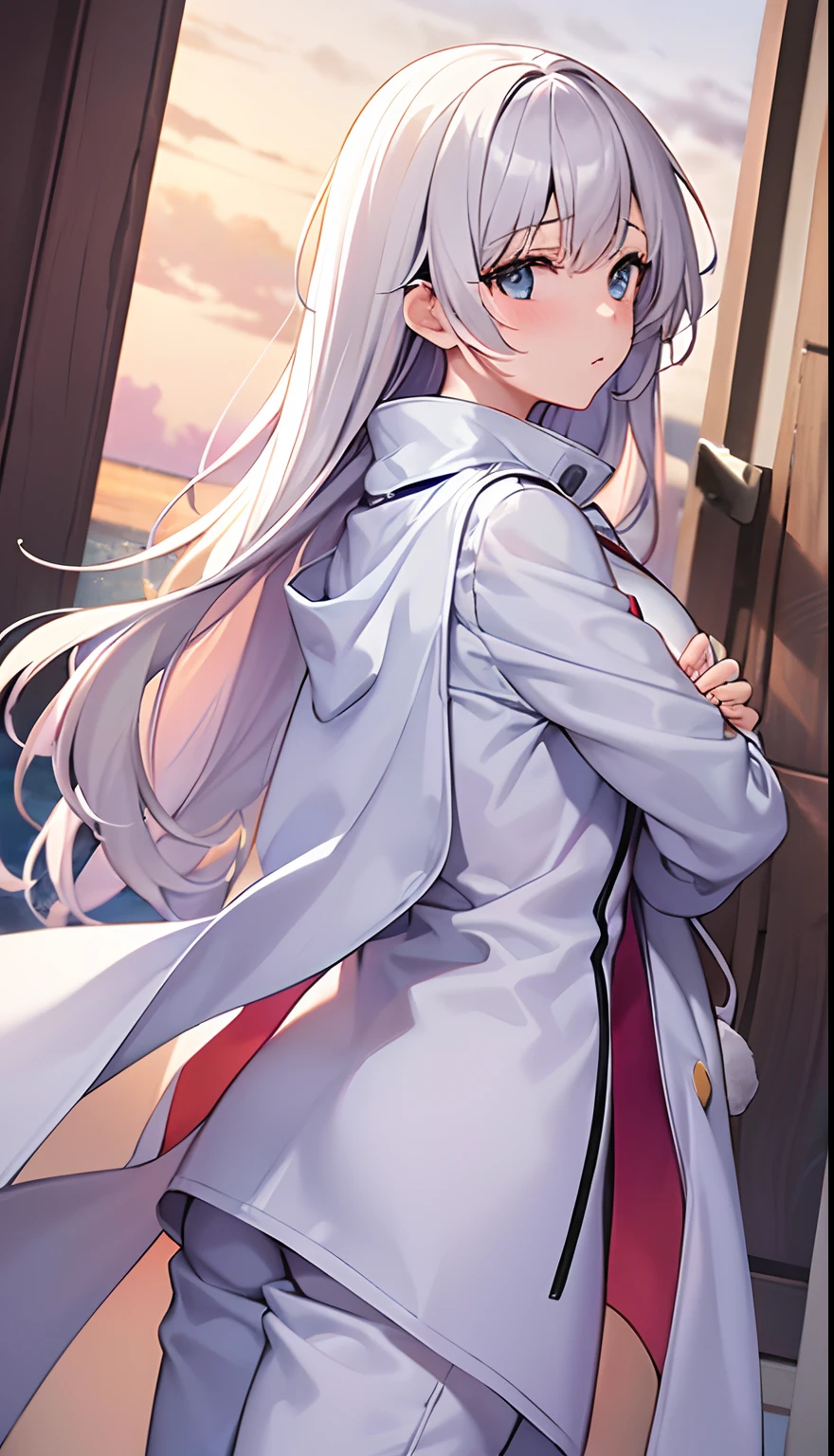 A girl dresses in a long sleeved loose white coat，Long pants hug your chest