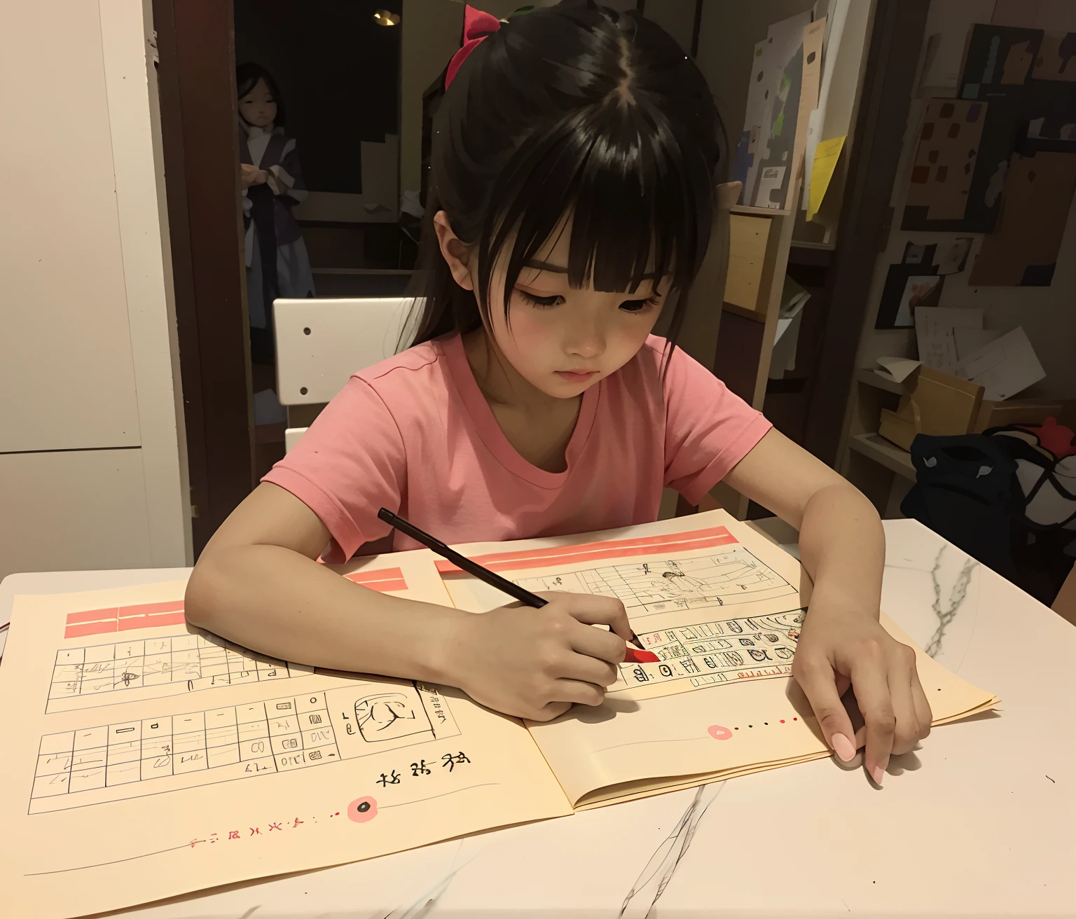 There was a young girl sitting at the table，Hold a pencil and paper, kids drawing, trying to study, full subject shown in photo, Young Asian girl, Student, kid, Chinese traditional, author：Ayako hexagon, Chinese girl, photograph taken in 2 0 2 0, kids drawing, inspired by Qian Gu, ren heng, handpainted