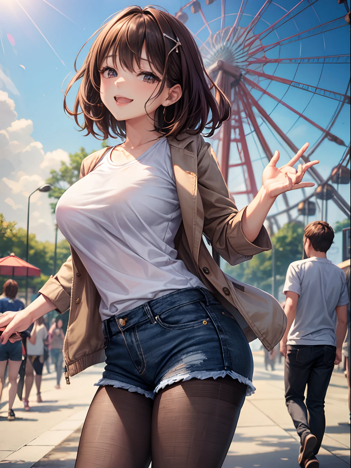 top-quality、Full limbs、complete fingers、1girl in、((one beautiful women、独奏))、Beautiful Large Breasts、Medium hair、Straight black hair、Brown jacket、White shirt、Black denim shorts、((Brown pantyhose))、Naughty Poses、A big smile、An amusement park、the Ferris wheel