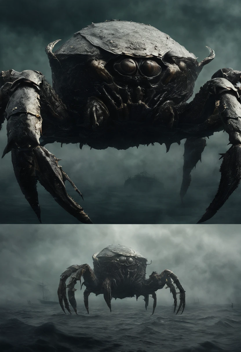 (A giant crab in the mist stares from the air at a man who asks for help),a creature 5 meters tall, giant crab, , The shell of the giant crab is dark green, flat, Wide oval, Shiny, Very hard and smooth. The crust has a thick texture,It is resistant to all kinds of environmental stresses. The head is more developed. There is a pair of large, Protruding compound eyes,The texture is like crystal. The antenna is long and flexible. The length is about 1/3 The width of the crab's body, On the top of the head, There is a pair of small pliers, elden ring monster, huge creature,giant crab, giant ethereal creature,The texture is clear, Helpless people,Those who pray for salvation from cancer
background:nebulous sky,rough sea,Greatwave,Recife,salama, 真实感,Epic,ultraclear,afterimage, Dutch angle, From below, Sony FE GM, Chiaroscuro, Blurry, hyper HD, Masterpiece, Textured skin, Super detail, High details, High quality, Award-Awarded, Best quality, A high resolution, 8K,Epic,sci-fy,Futuristic fantasy,Cartoony,