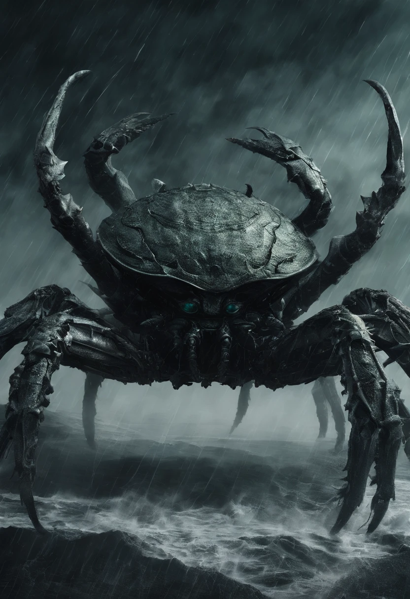 （A giant crab in the mist stares from the air at a man who asks for help），a creature 5 meters tall， giant crab, , The shell of the giant crab is dark green, flat, Wide oval, Shiny, Very hard and smooth. The crust has a thick texture，It is resistant to all kinds of environmental stresses. The head is more developed. There is a pair of large, Protruding compound eyes，The texture is like crystal. The antenna is long and flexible. The length is about 1/3 The width of the crab's body, On the top of the head, There is a pair of small pliers, elden ring monster, huge creature,giant crab, giant ethereal creature,The texture is clear， Helpless people，Those who pray for salvation from cancer
background：nebulous sky，rough sea，Greatwave，Recife，salama， 真实感，Epic，ultraclear，afterimage, Dutch angle, From below, Sony FE GM, Chiaroscuro, Blurry, hyper HD, Masterpiece, Textured skin, Super detail, High details, High quality, Award-Awarded, Best quality, A high resolution, 8K，Epic，sci-fy，Futuristic fantasy，Cartoony，