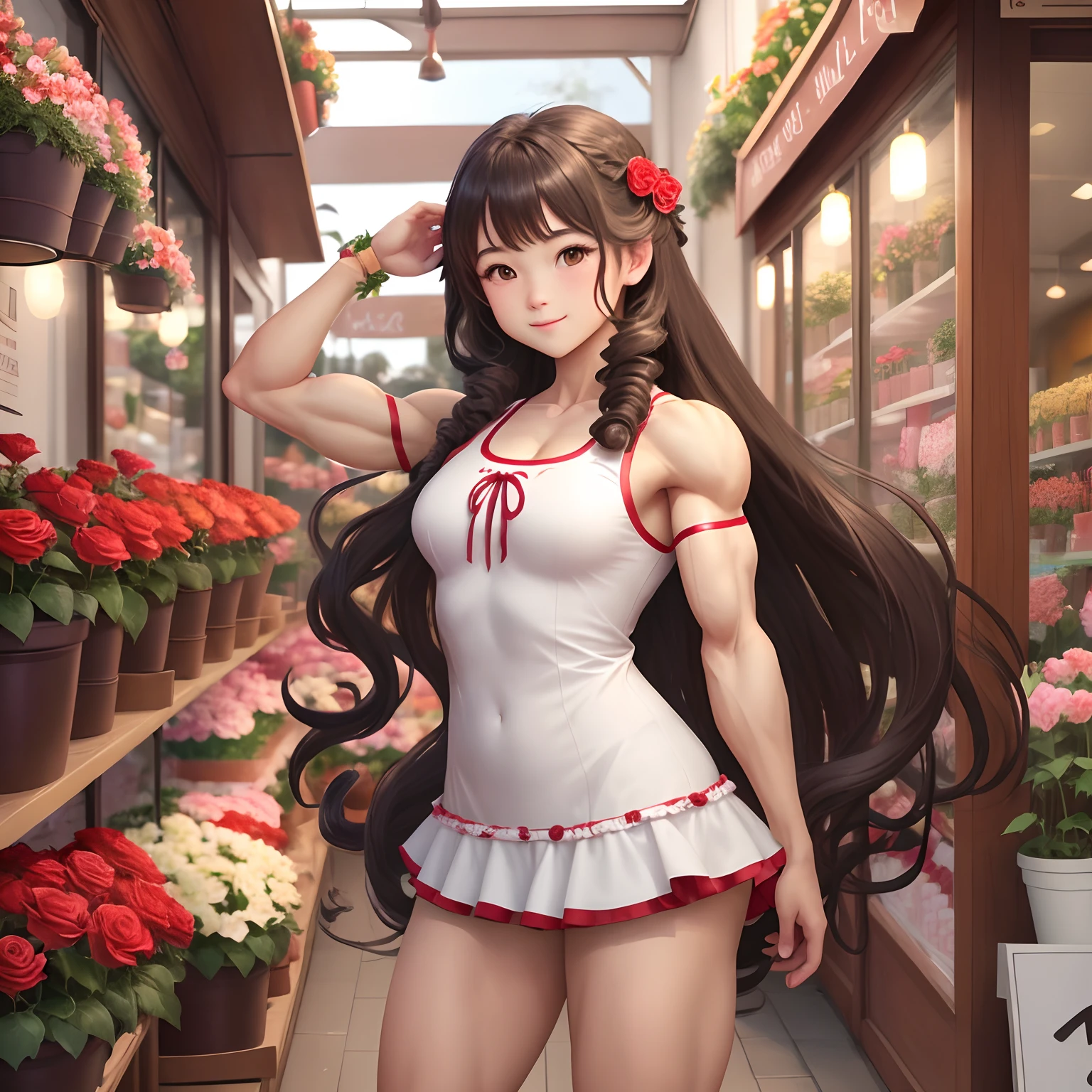 Cute muscular girl with curlly long hairs standing in the front of a flower shop holding a red rose