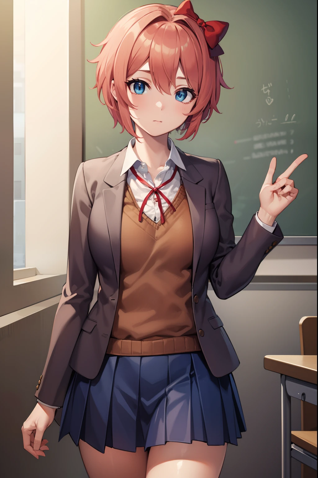 ddlcsayori, ddlcsayori, blue eyes, hair between eyes, hair bow, hair ornament, pink hair, red bow, short hair,
BREAK blue skirt, pleated skirt, school uniform, skirt, brown jacket, jacket,
BREAK looking at viewer,
BREAK indoors, classroom,
BREAK (masterpiece:1.2), best quality, high resolution, unity 8k wallpaper, (illustration:0.8), (beautiful detailed eyes:1.6), extremely detailed face, perfect lighting, extremely detailed CG, (perfect hands, perfect anatomy),