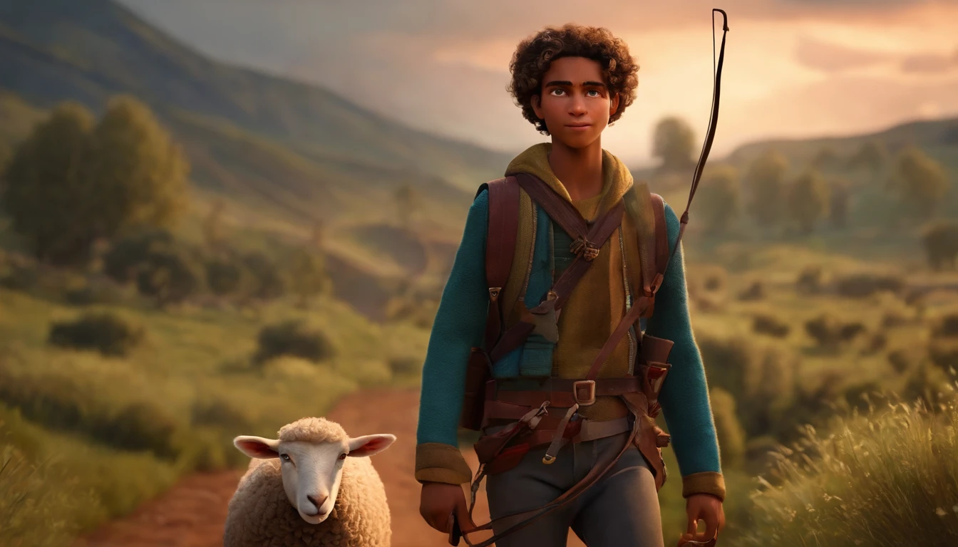 Image of a teenager for a story in a YouTube video in pixar format he is a sheep herder who walks armed with a sling