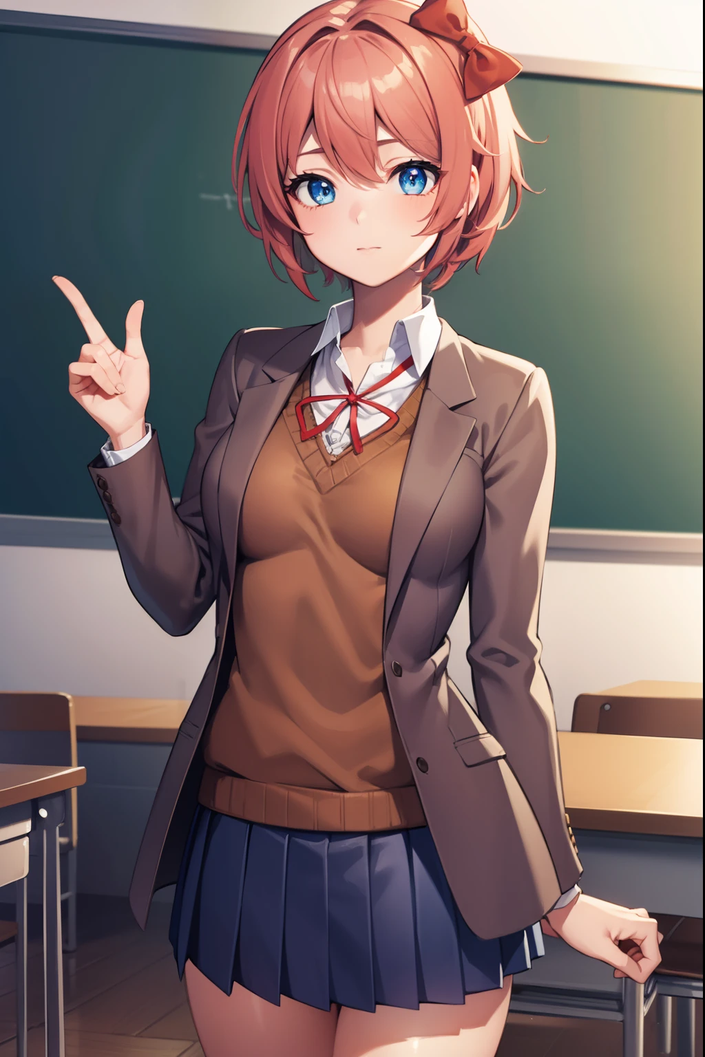 ddlcsayori, ddlcsayori, blue eyes, hair between eyes, hair bow, hair ornament, pink hair, red bow, short hair,
BREAK blue skirt, pleated skirt, school uniform, skirt, brown jacket, jacket,
BREAK looking at viewer,
BREAK indoors, classroom,
BREAK (masterpiece:1.2), best quality, high resolution, unity 8k wallpaper, (illustration:0.8), (beautiful detailed eyes:1.6), extremely detailed face, perfect lighting, extremely detailed CG, (perfect hands, perfect anatomy),