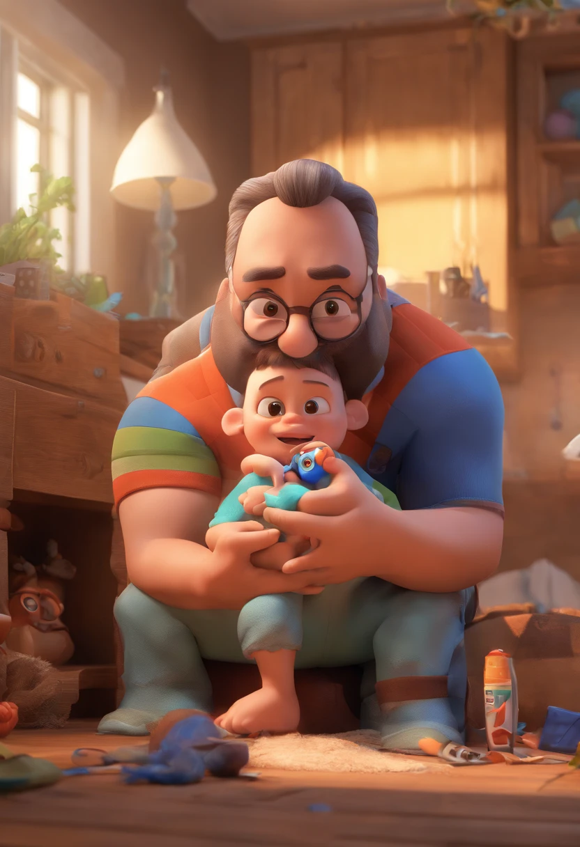 Estilo Pixar: The grown man is holding a naked blue-eyed boy and in his other hand he is holding a pair of scissors and is trying to cut off the boy's testicles,3D Poster,Disney