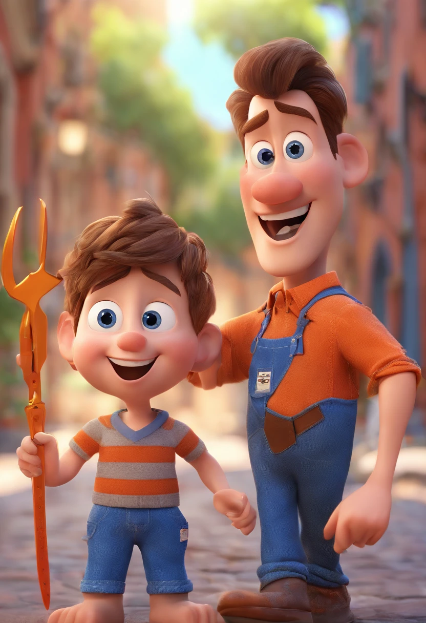 Estilo Pixar: The grown man is holding a naked blue-eyed boy and in his other hand he is holding a pair of scissors and is trying to cut off the boy's testicles,3D Poster,Disney