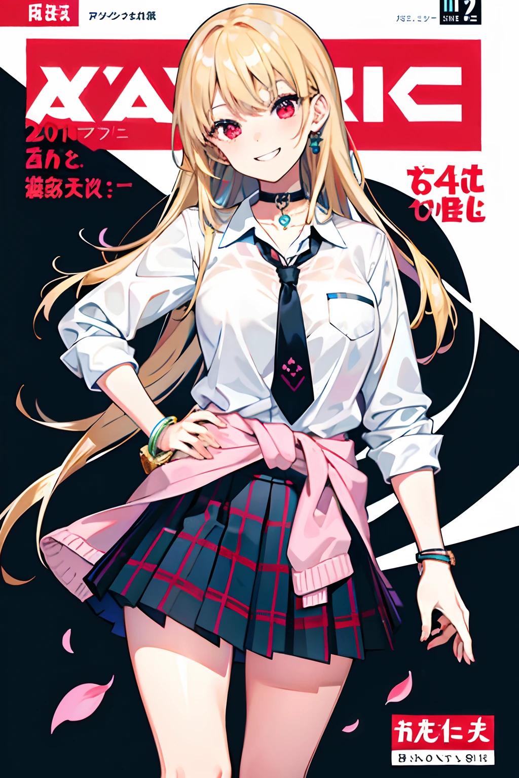 masterpiece, best quality, full body, 1girl, bangs, black choker, black necktie, blonde hair, blue skirt, blush, bracelet, breasts, choker, clothes around waist, collarbone, collared shirt, cowboy shot, dress shirt, ear piercing, eyebrows visible through hair, gradient hair, grin, gyaru, jewelry, kogal, long hair, looking at viewer, loose necktie, necktie, piercing, plaid, plaid skirt, pleated skirt, red eyes, ring, school uniform, shirt, skirt, smile, solo, white shirt, street, sky, cherry blossoms, petals,illustration, (magazine:1.3), (cover-style:1.3), fashionable, woman, vibrant, outfit, posing, front, colorful, dynamic, background, elements, confident, expression, holding, statement, accessory, majestic, coiled, around, touch, scene, text, cover, bold, attention-grabbing, title, stylish, font, catchy, headline, larger, striking, modern, trendy, focus, fashion,