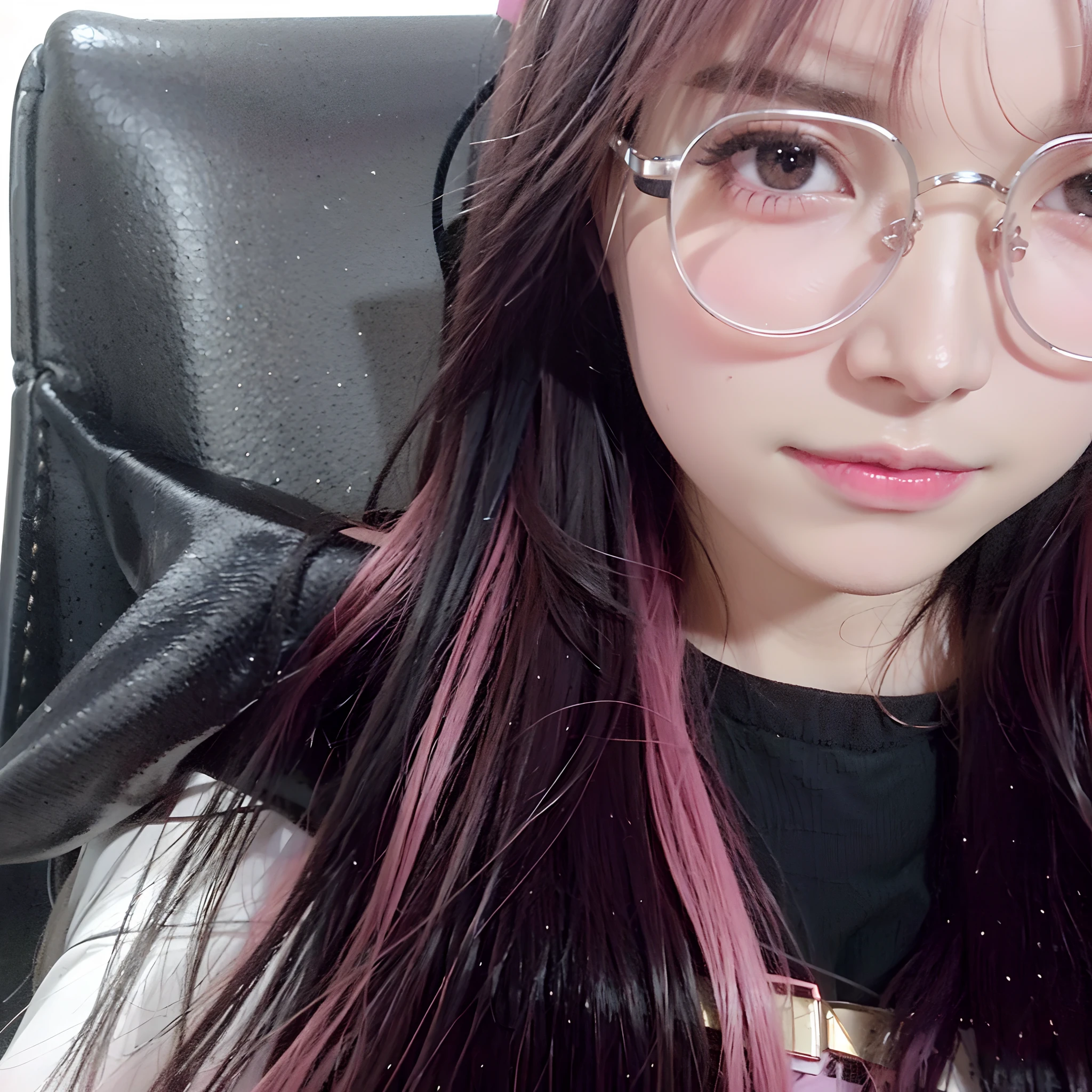 Arapefi，with pink hair，Wearing glasses，sit on chair, ulzzangs, belle delphine, Pink glasses, With glasses, jisoo from blackpink, wearing thin large round glasses, sakimichan, with pink hair, clear cute face, ((Pink)), jisoo of blackpink, portrait of jossi of blackpink, ( ( eye glass ) )