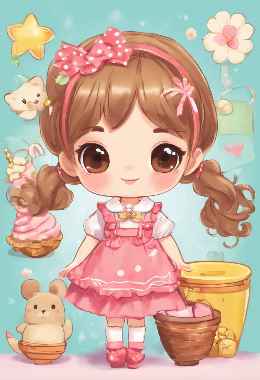 Create a series of chibi-style dolls with a cute vintage chic theme, each with lots of detail and in 8K resolution. All dolls must follow the same solid background pattern and be complete in the image, showing the (full body, including legs: 1.5)
Baking doll: Call her Mia. She must have medium wavy brown hair. Her eyes should be large and curious, with long eyelashes and slightly rosy cheeks. Mia should be dressed in a delicate dress with a polka dot blouse and a pretty, delicate bow. It should hold delicate and fine accessories. Add details like pockets and ruffles to the apron to make it even more charming, beautiful shoes
Make sure to add shadows, textures and details on the hair, clothes, cute utensils, to make them even more adorable and charming.
